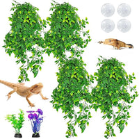 Hamiledyi Reptile Plants, 4 Pack Fake Amphibian Plants, Artificial Leaves Habitat Decorations with Suction Cup for Bearded Dragon Lizard Geckos Chameleon