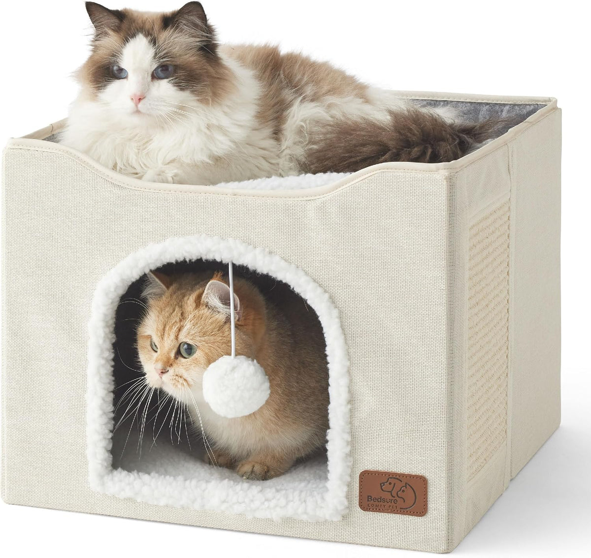 Bedsure Cat House Bed for Indoor Cats with Fluffy Ball and Scratch Pad - Ivory / Single