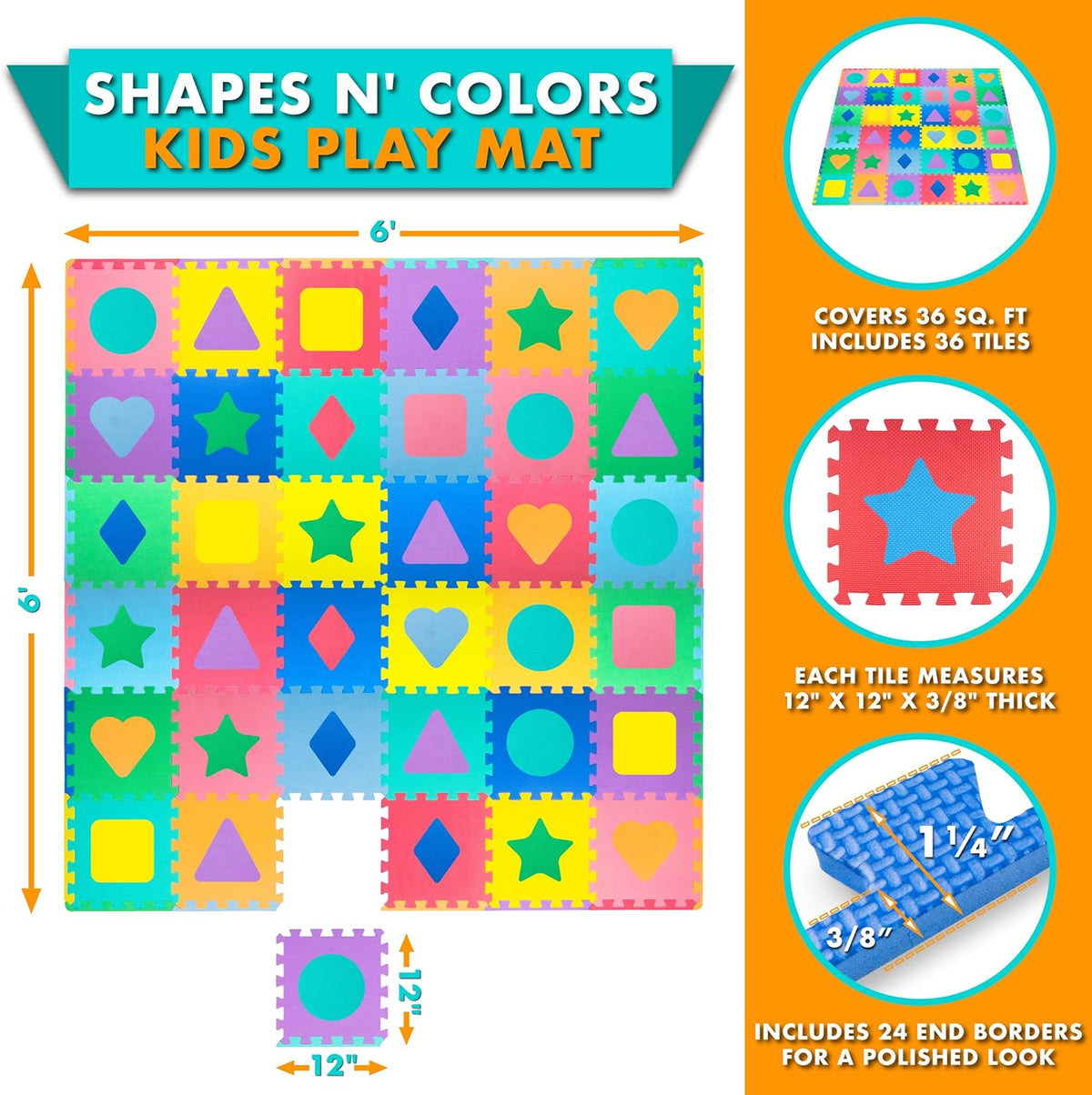 ProSource Kids Foam Puzzle Floor Play Mat with Shapes & Colors 36 - Shapes & Colors - image 2