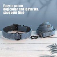 Didog Soft Padded Leather Dog Collar and Leash Set, Adjustable Dog Leash and Collar Set with Metal Buckle, Breathable Dog Collars with 4FT Faux Leather Dog Leash for Small Medium Large Dogs, Blue, XL