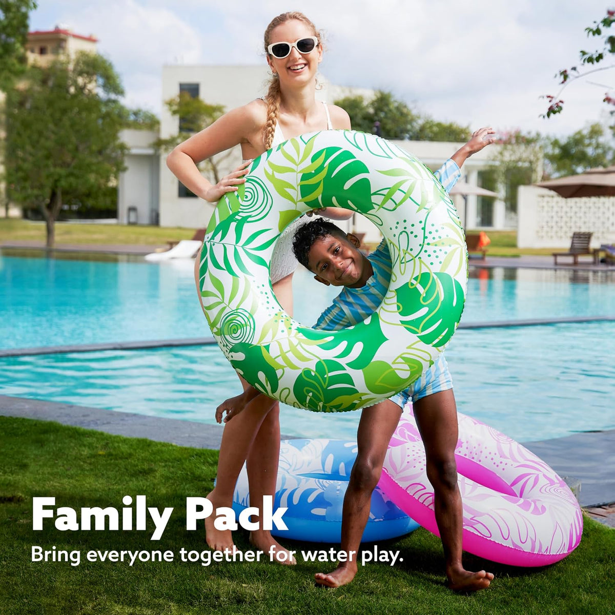 Sloosh 4 Pack Inflatable Pool Floats, Pool Tube Rings - Tropical Leaves - image 2