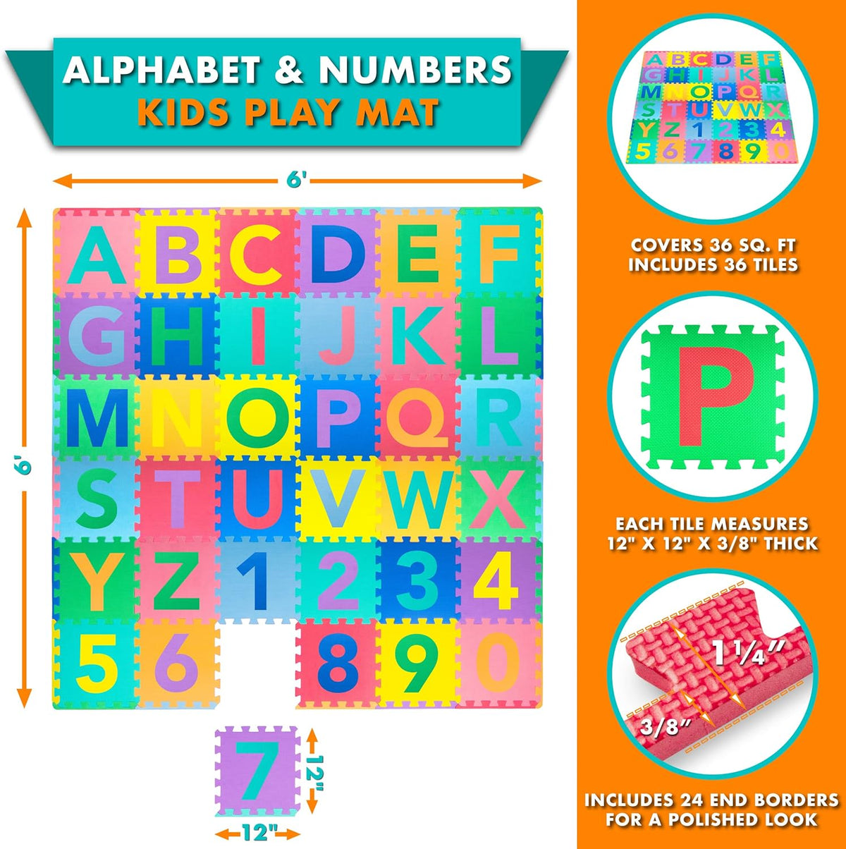 ProSource Kids Foam Puzzle Floor Play Mat with Shapes & Colors 36 - ABC & 123 - image 2