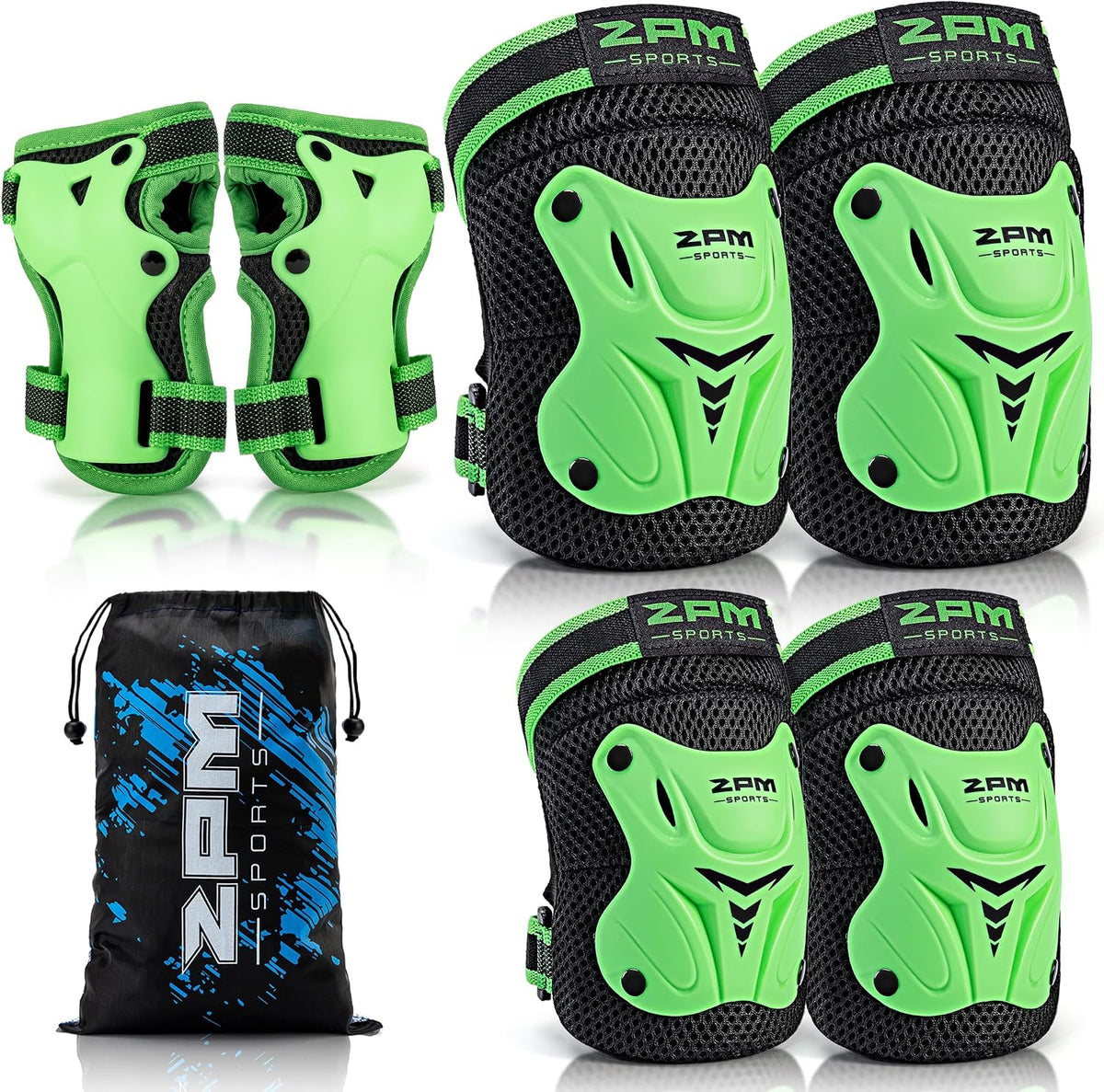 2PM SPORTS Knee and Elbow Pads Set with Wrist Guards for Kids Girls - Green / Medium