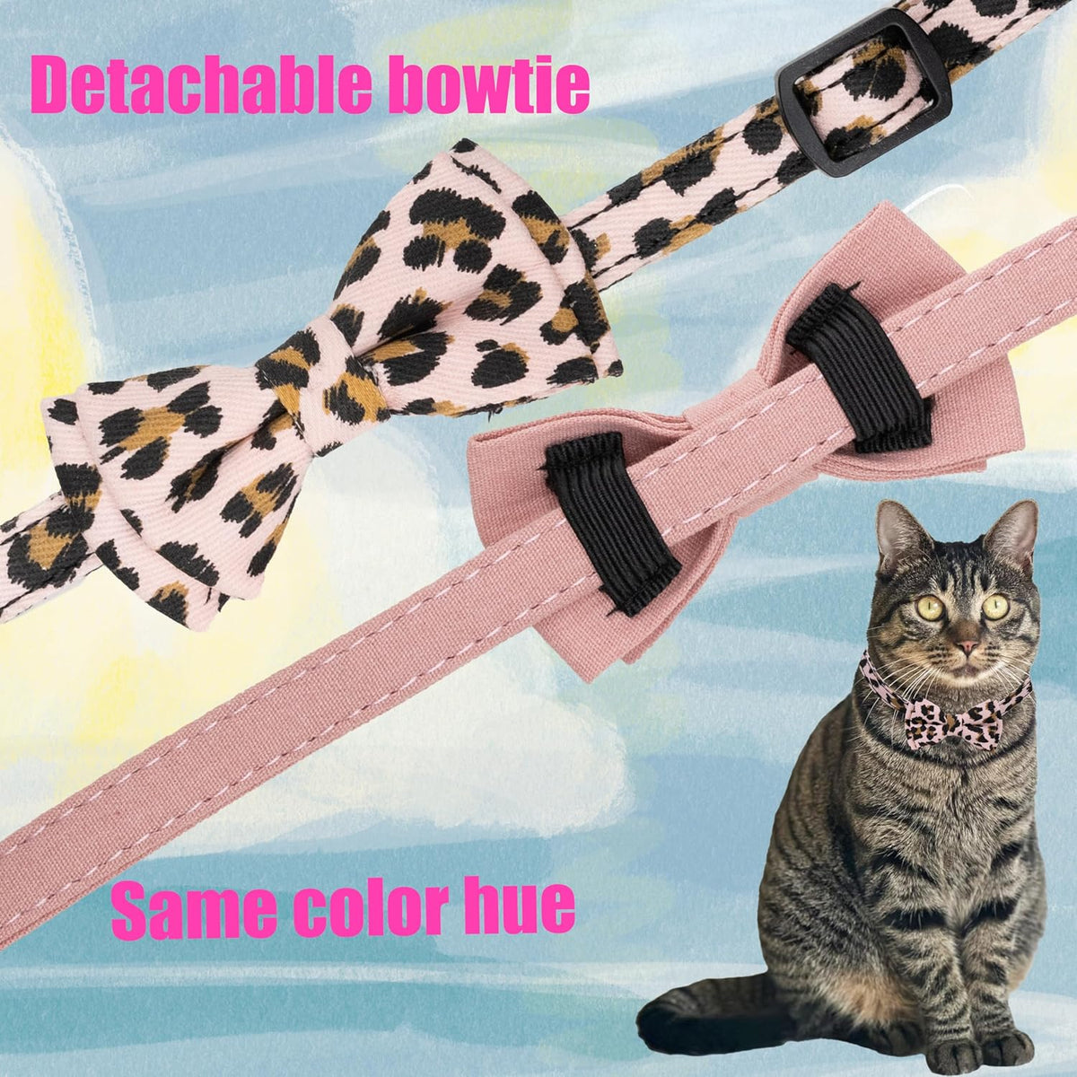 Collar for Cat Pet Breakaway with Bell Bowtie Detachable Bow - Leopard & Pure-Pink - image 3
