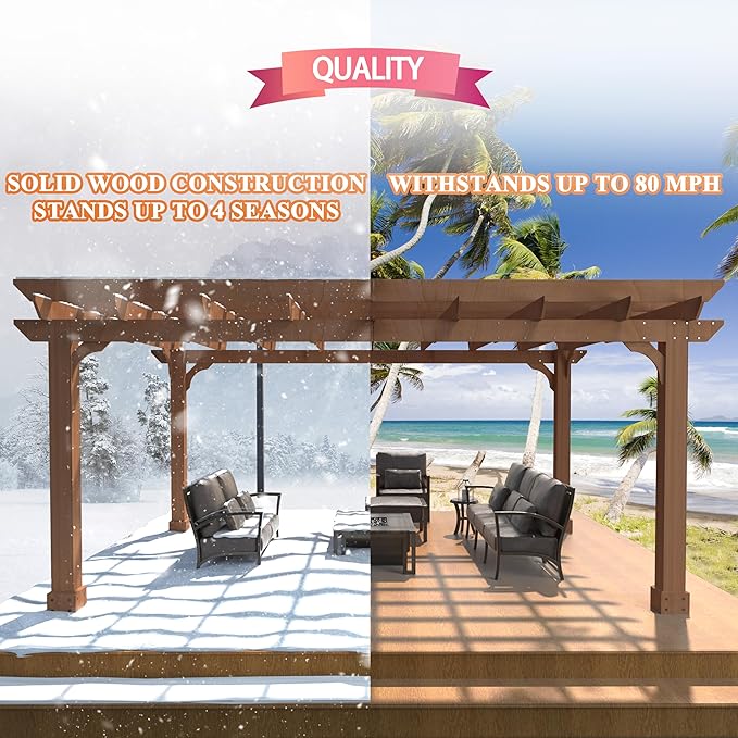 MUPATER 12x14 FT Wooden Pergola, Cedar Pergola Kit with Roof, Outdoor Garden Shelter for Backyard, Deck, Lawn, Pool, Natural