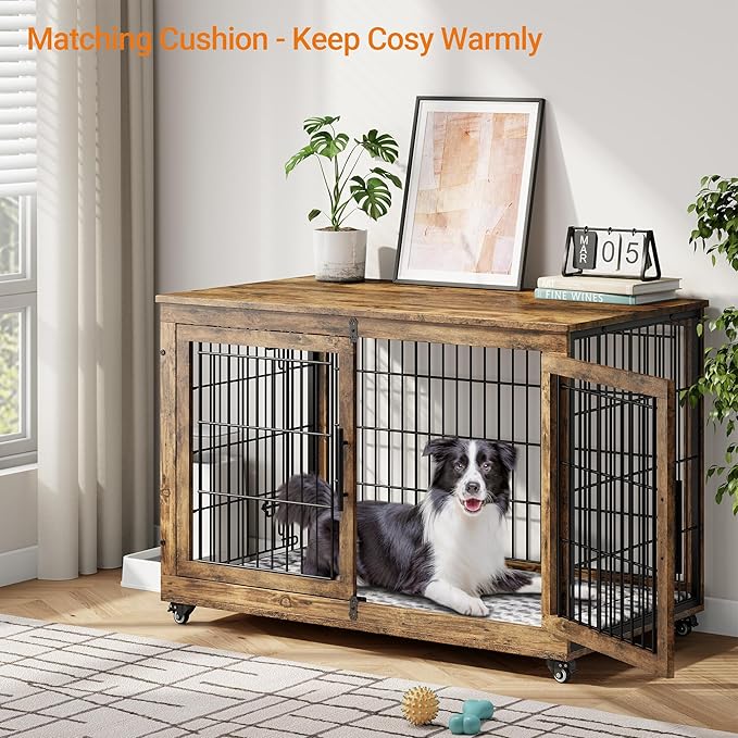 Lulive Dog Crate Furniture, XL Wooden Dog Kennel Indoor Double Doors Dog Cage, 44'' Heavy Duty Dog Crate with Cushion & Wheels, Decorative End Table Pet House Chew-Resistant for Large Dogs, Brown