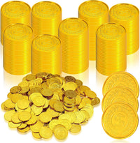 Hanaive plastic pirate gold coins in a pile, 1.38 inch coins with dollar sign design