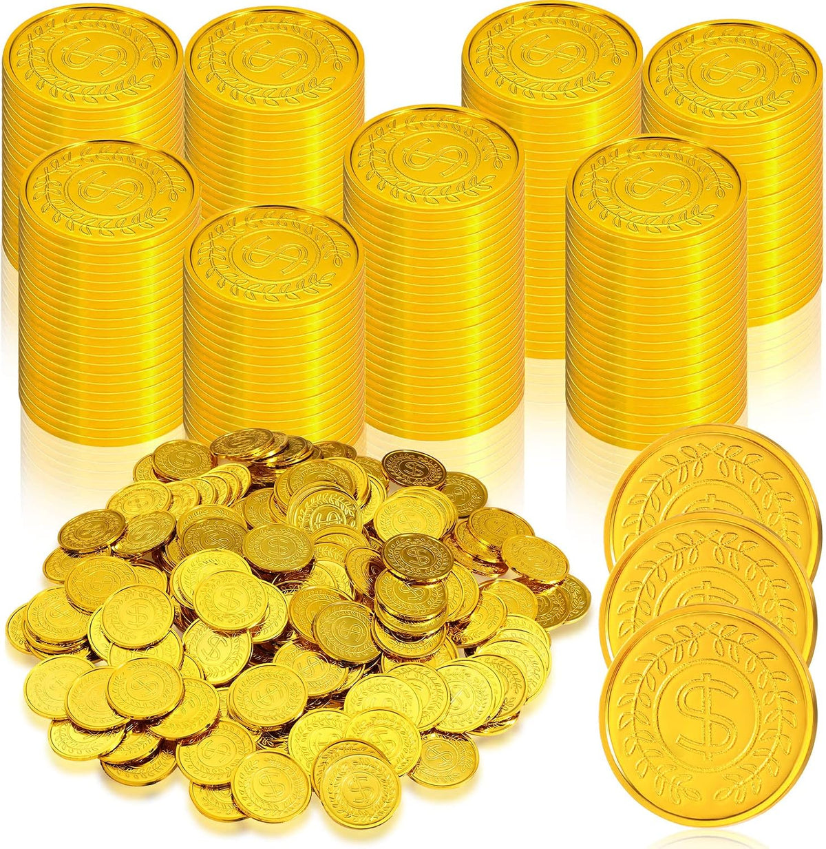 Hanaive plastic pirate gold coins in a pile, 1.38 inch coins with dollar sign design