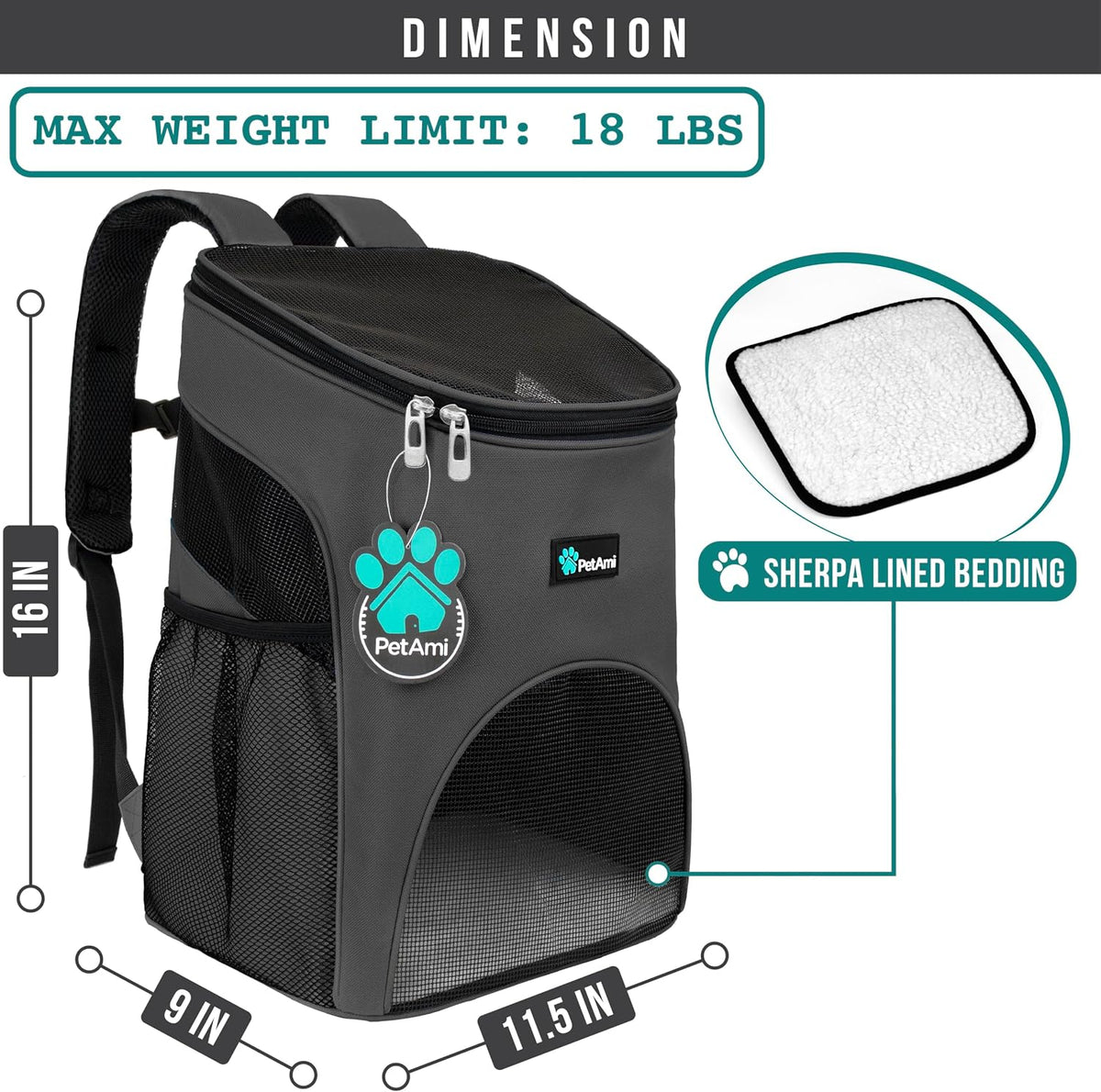 PetAmi Cat Backpack Carrier for Small Dogs and Large Cats - Gray - image 2