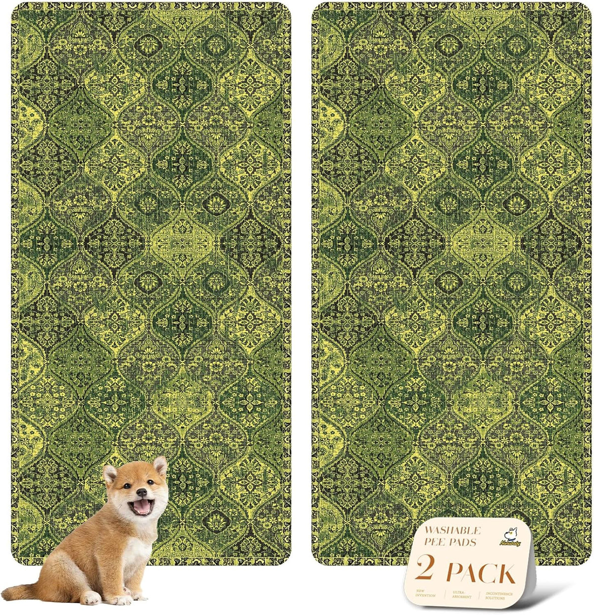 Washable Pee Pads for Dogs, Stylish - 36x72 Inch (Pack of 2) / Green/Multi