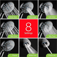 Hotel Spa AquaCare High Pressure 8-mode Handheld Shower Head - Anti-clog Nozzles, Built-in Power Wash to Clean Tub, Tile & Pets, Extra Long 6 ft. Stainless Steel Hose, Wall & Overhead Brackets