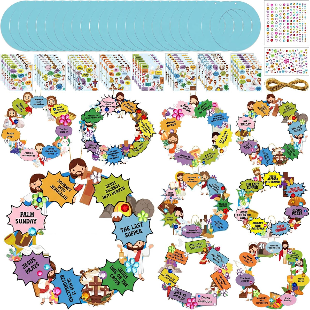 Hollowfly Thanksgiving paper wreath craft kits with gem stickers, ribbons and wool balls