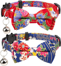 Collar for Cat Pet Breakaway with Bell Bowtie Detachable Bow - Flower-Navy Blue & Red