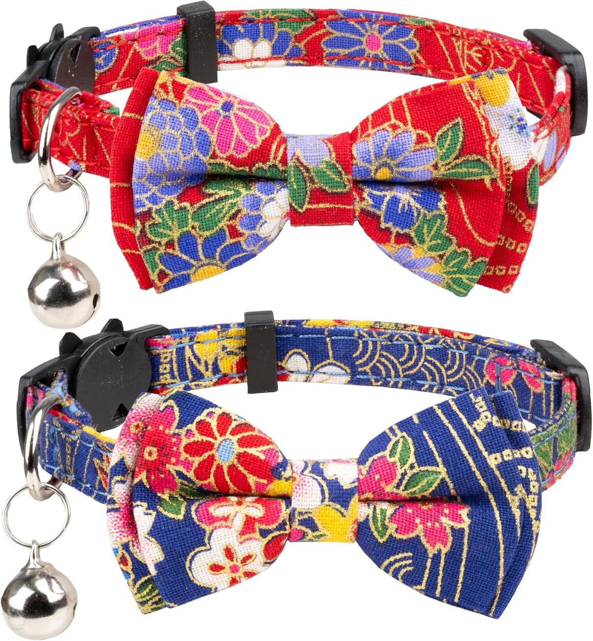 Collar for Cat Pet Breakaway with Bell Bowtie Detachable Bow - Flower-Navy Blue & Red