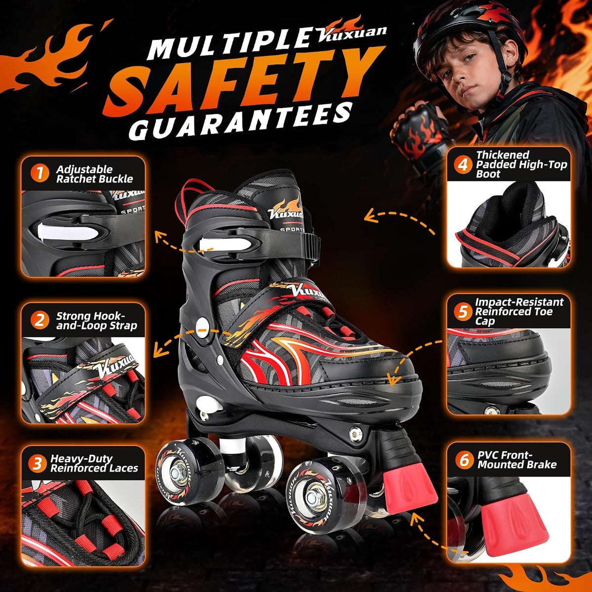 Kuxuan Adjustable Roller Skates with Fun Illuminating Rollerskate - Flame Red / Large - Youth(4-7US) - image 2