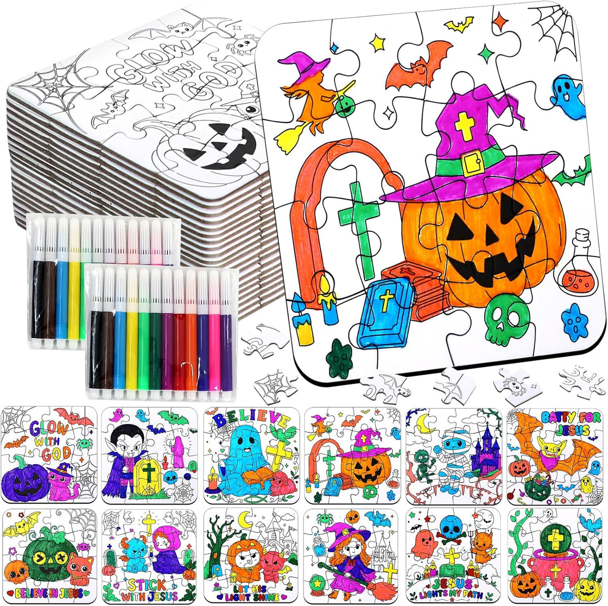 MUOUAKATE Christian Halloween crafts for kids, 24 blank coloring puzzle sets - view 10
