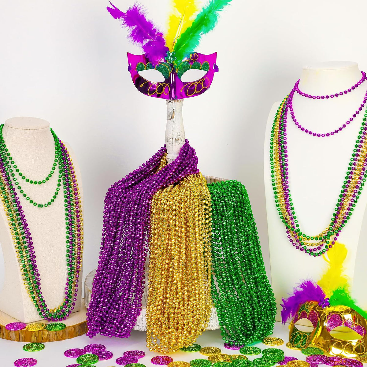EOBOH 12PCS Mardi Gras Beads, Gold Beaded Necklace Stuff Set - Purple Gold and Green / 144 - image 4