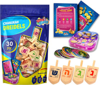 Izzy n Dizzy wooden Hanukkah dreidels 10 pack with coin gelt, gelt trays and instruction cards - view 4