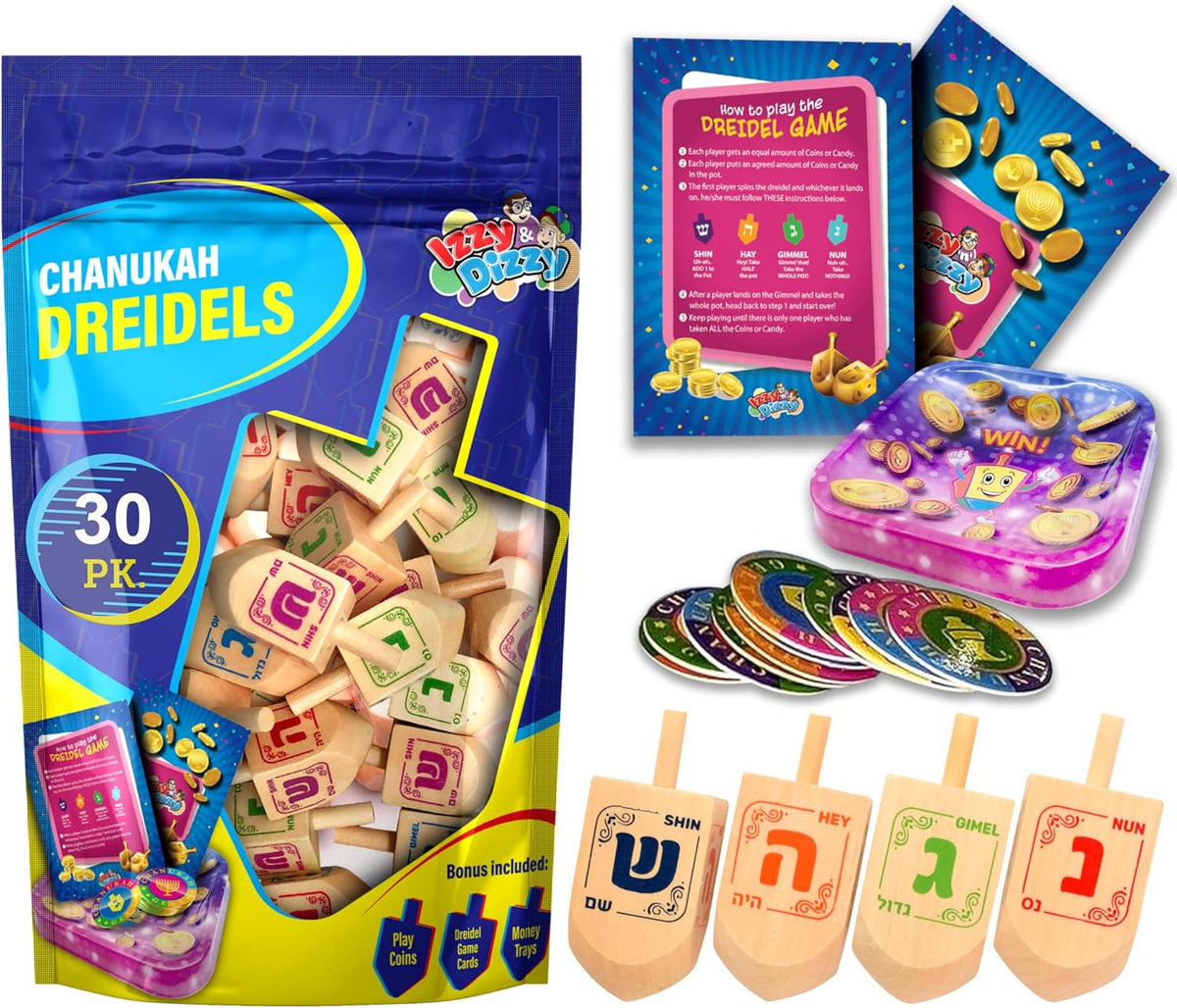 Izzy n Dizzy wooden Hanukkah dreidels 10 pack with coin gelt, gelt trays and instruction cards - view 4