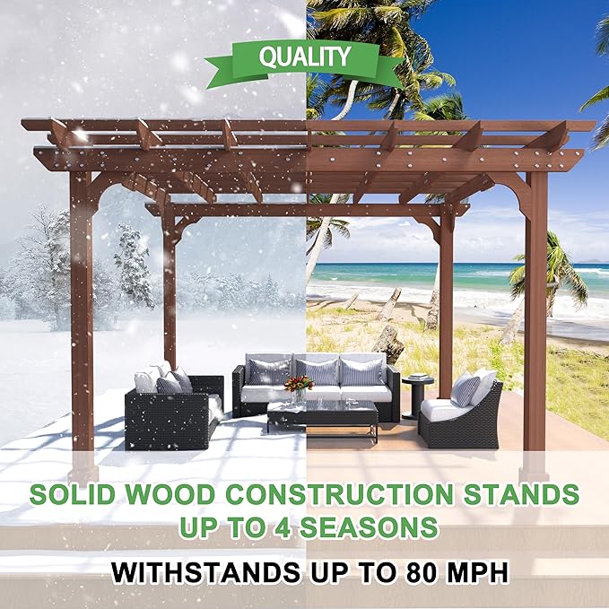 MUPATER 12×12 FT Outdoor Pergola with Roof, Wooden Pergola Kit with Stakes, Wood Garden Shelter Structure for Climbing Plant, Snow and Wind Supported, Shade for Patio, Backyard, Deck