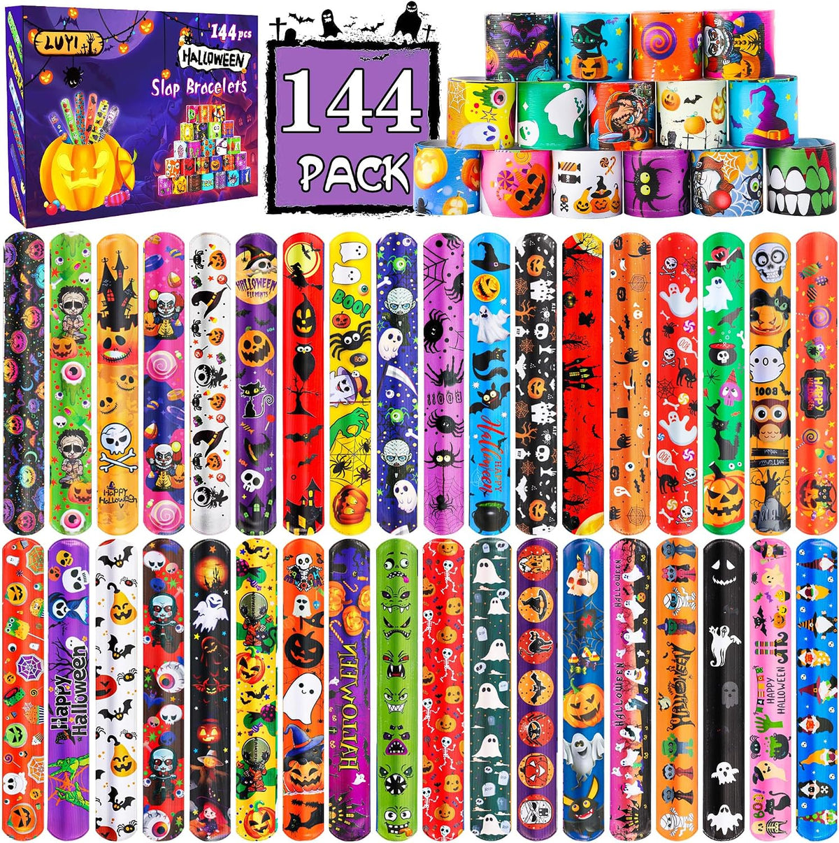 LUYI Halloween slap bracelets bulk pack with ghost, pumpkin, bat and witch designs - view 2