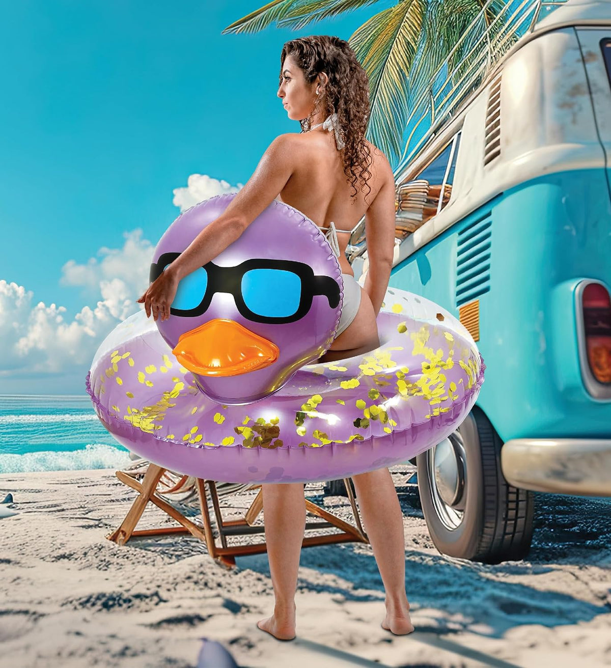 POZA inflatable duck pool float tube with gold confetti, sunglasses and orange beak - view 21