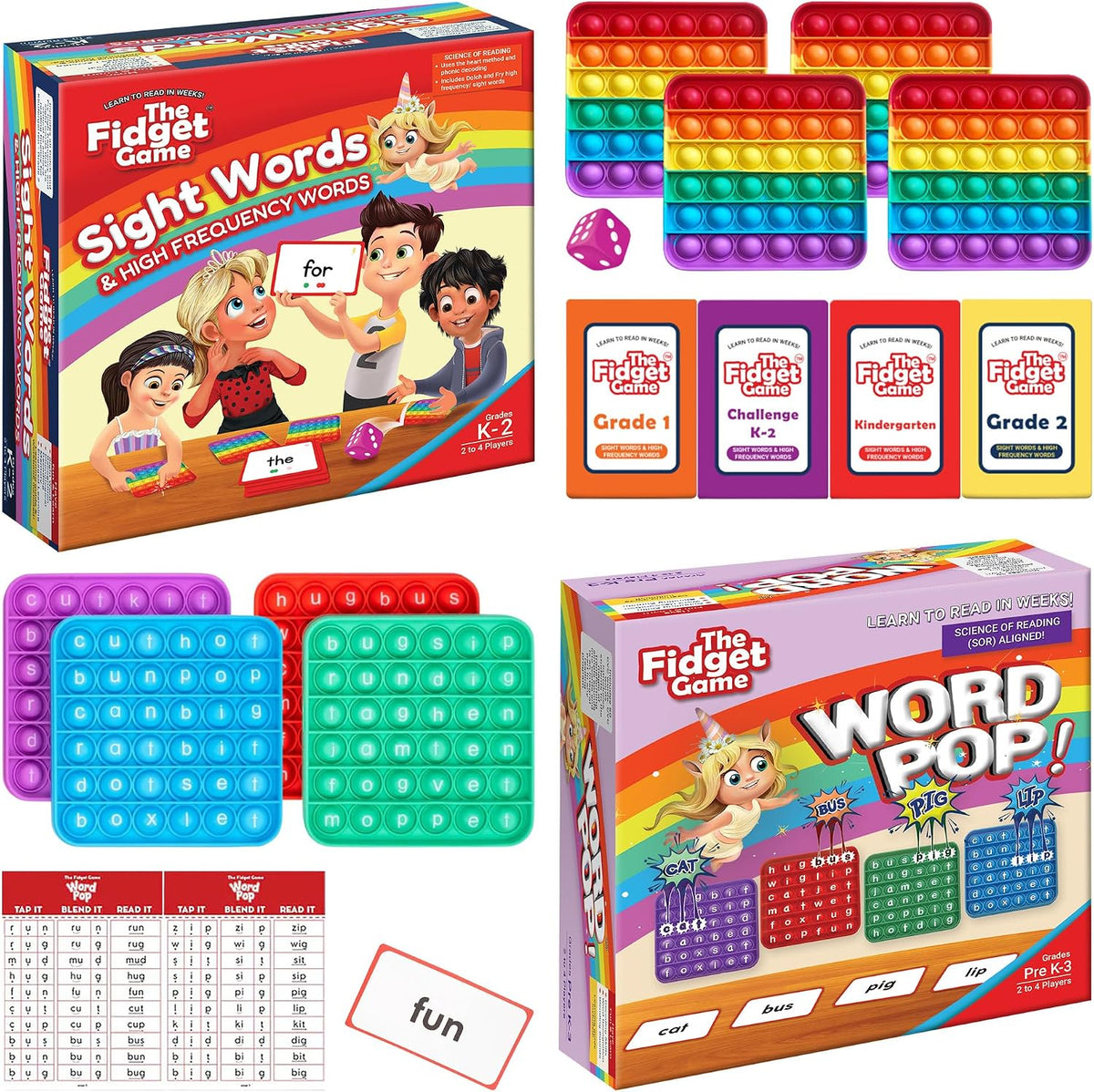 The Fidget Game sight words reading bundle with flashcards, dice and pop fidget mats