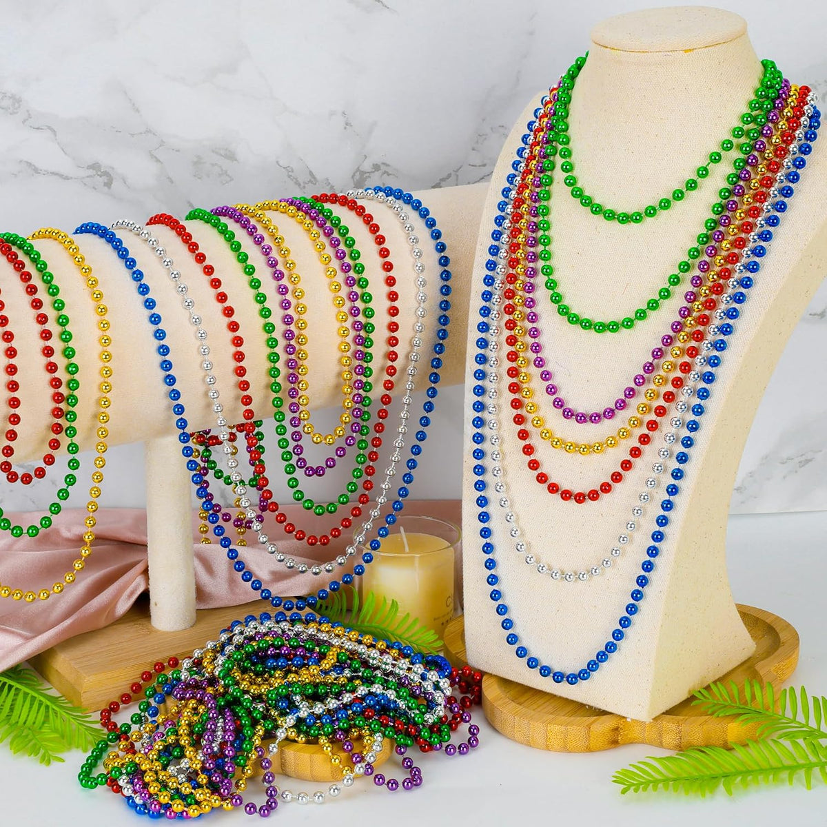 Huskein Bead Necklace, 33" Colorful Mardi Gras Beads Necklaces - 6Colors / 12 - image 4