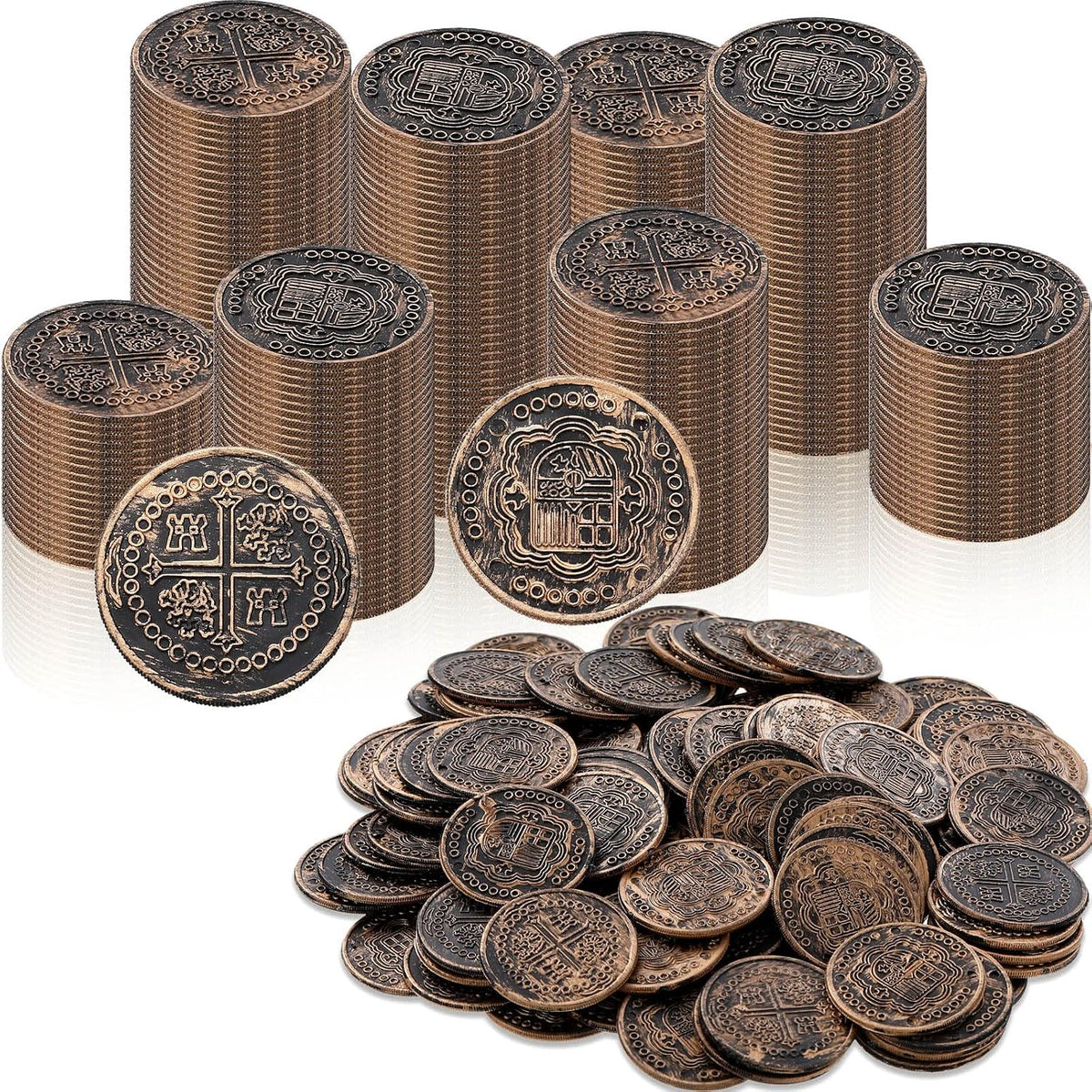 Chivao plastic gold coins, 300 shiny embossed pirate treasure coins