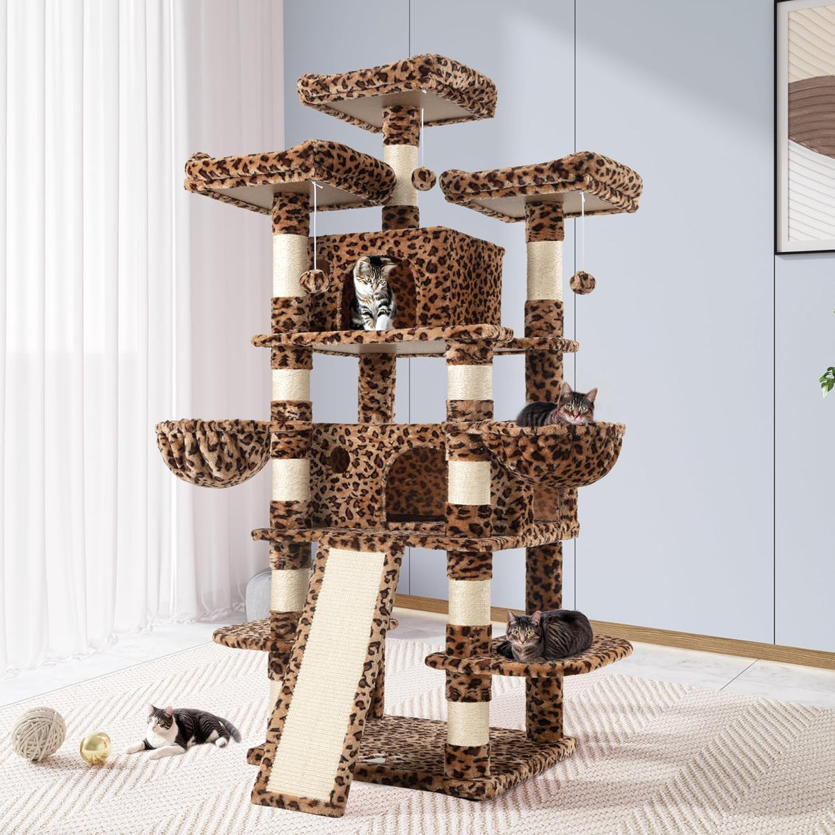 Allewie 68 Inches Cat Tree/House and Towers for Big Feline/Scratching - 68 in / Leopard Print