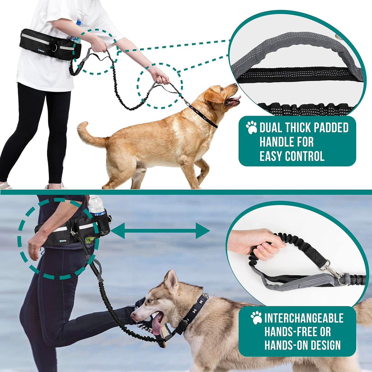 PetAmi Hands Free Dog Leash with Waist Running Belt Bag, Single – Essentials for Dogs - 2 Leashes / Black - image 3