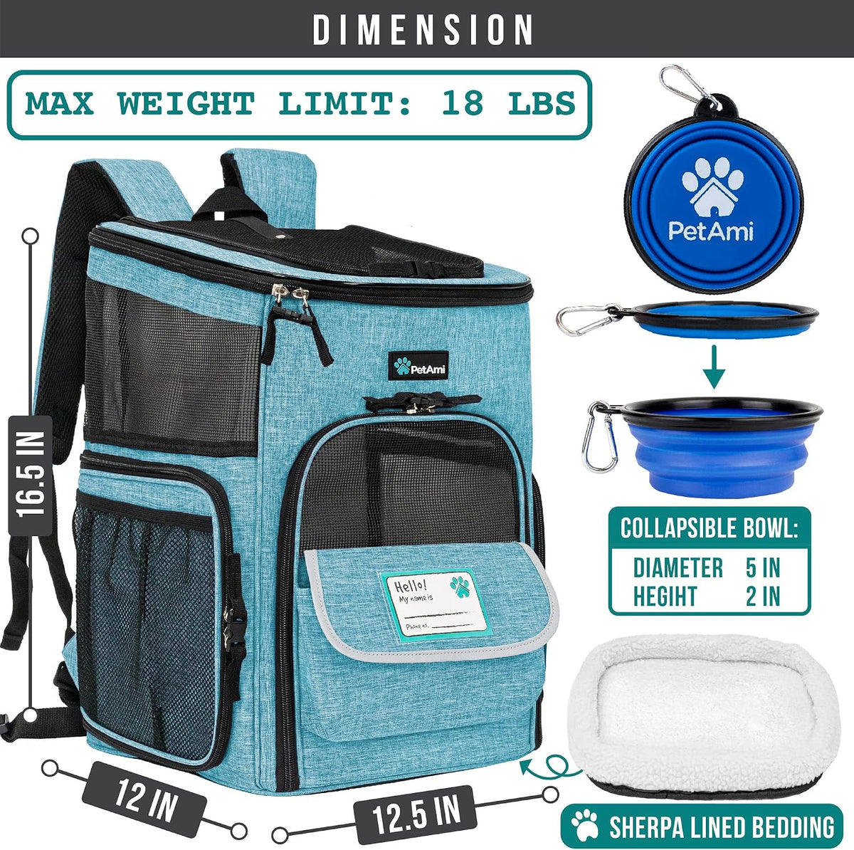 PetAmi Dog Backpack Carrier - Turquoise / 12.5"L x 12.0"W x 16.5"H - image 2