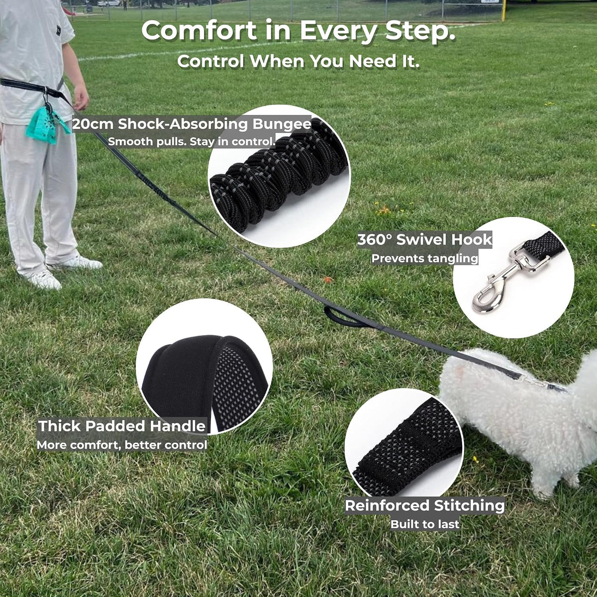 Hands Free Dog Leash, Waist & Crossbody 2-in-1 for Jogging & Hiking – Essentials for Dogs - Black / Large (8–10FT) - image 4