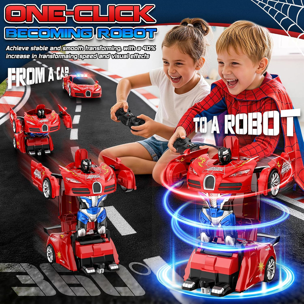 AONEPTR transforming remote control car robot toy in red with LED lights - view 7