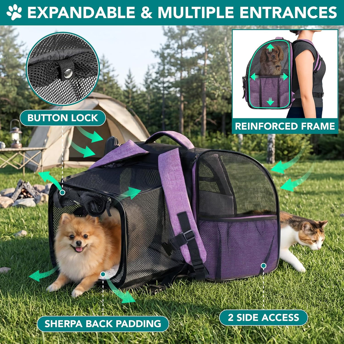 PetAmi Expandable Dog Cat Backpack Carrier, Airline Approved - 12.5"L x 10.2"W x 16.3"H / Purple - image 3