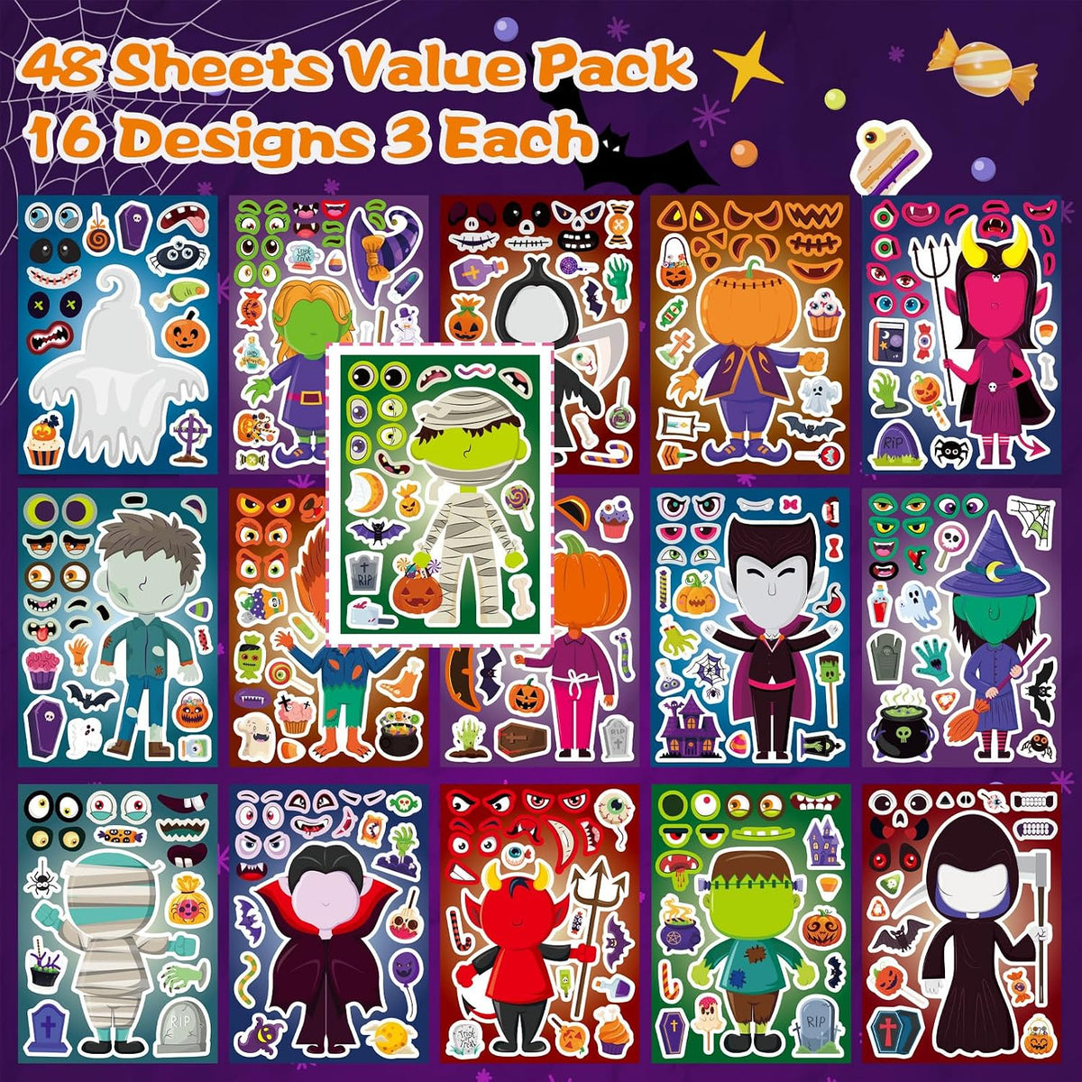 48PCS Halloween Make-a-face Stickers Halloween Characters Stickers - Halloween 16 Design - image 2