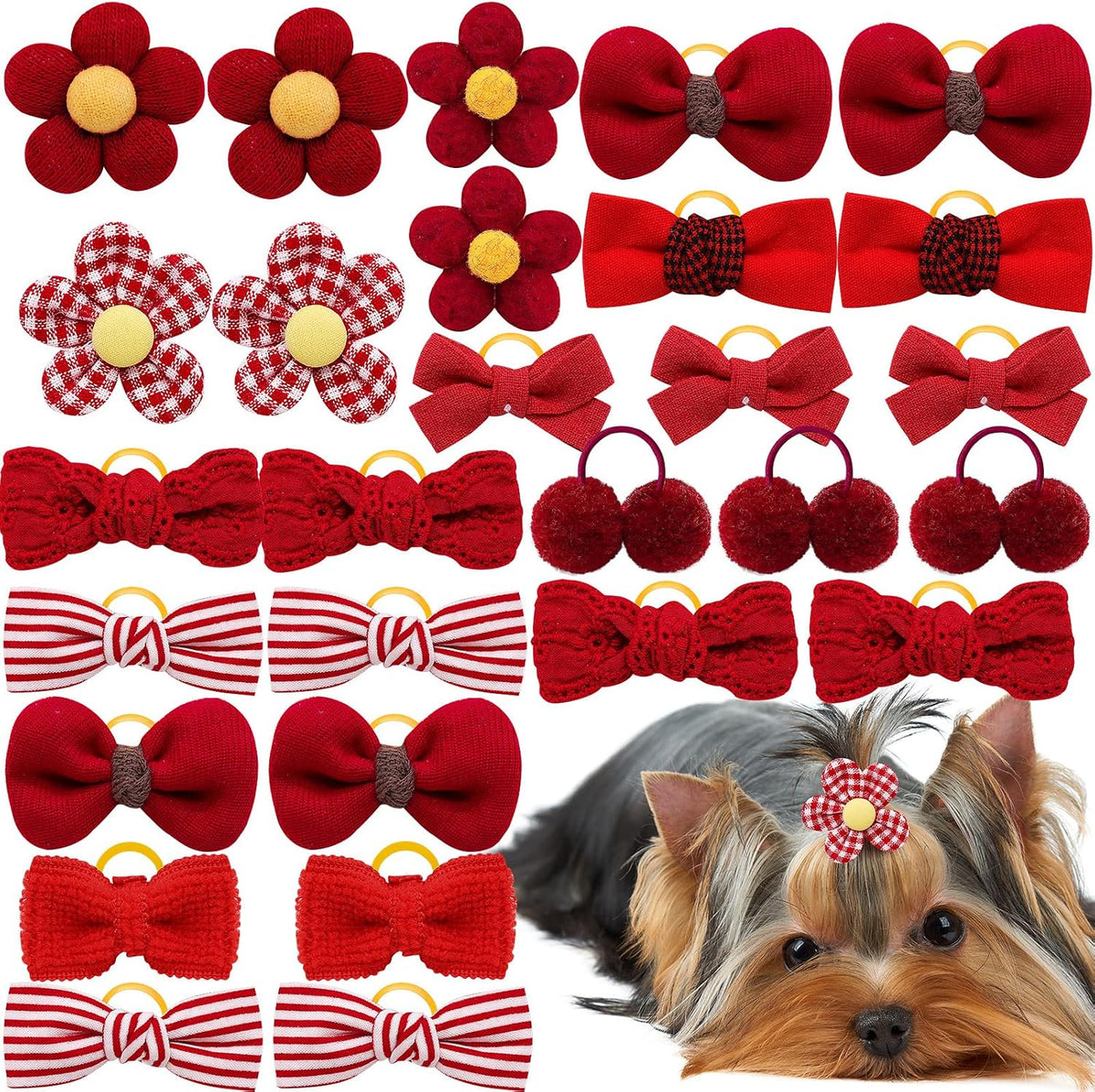 20Pcs Brown Dog Hair Bows with Rubber Bands for Small Medium Dogs – Essentials for Dogs - Red-A327