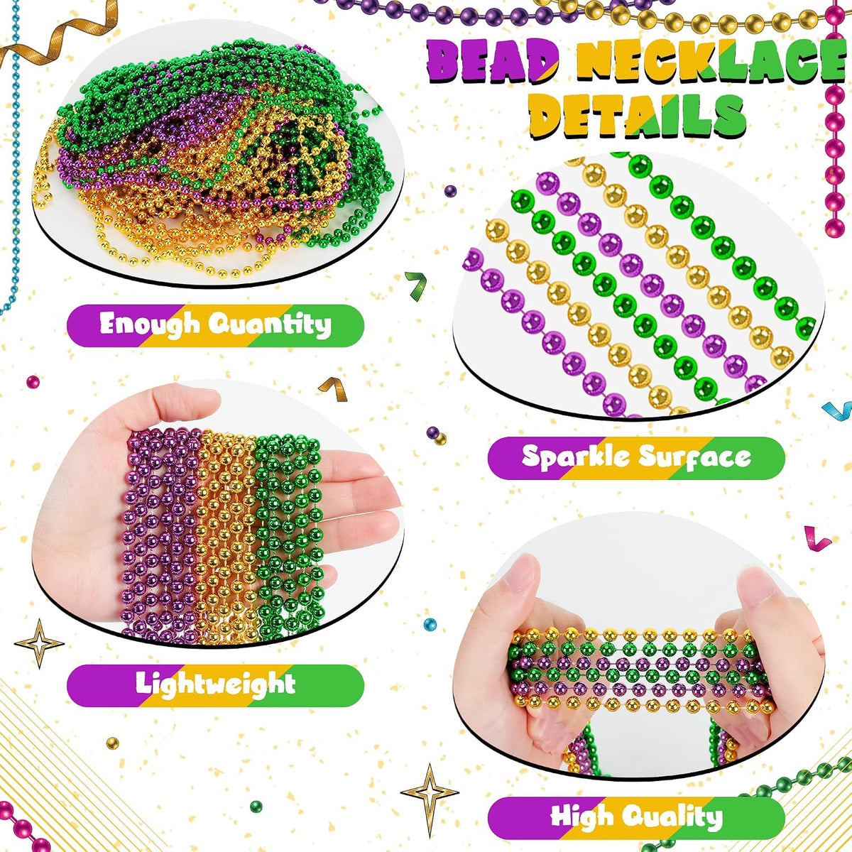 Huskein Bead Necklace, 33" Colorful Mardi Gras Beads Necklaces - Purple Gold Green / 12 - image 3