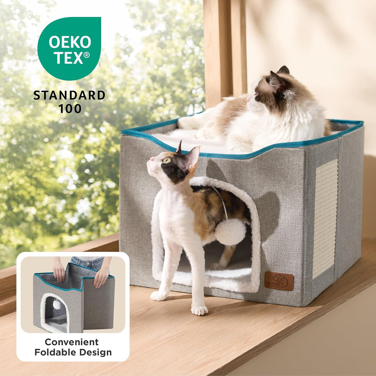 Bedsure Cat House Bed for Indoor Cats with Fluffy Ball and Scratch Pad - Grey / Single - image 3