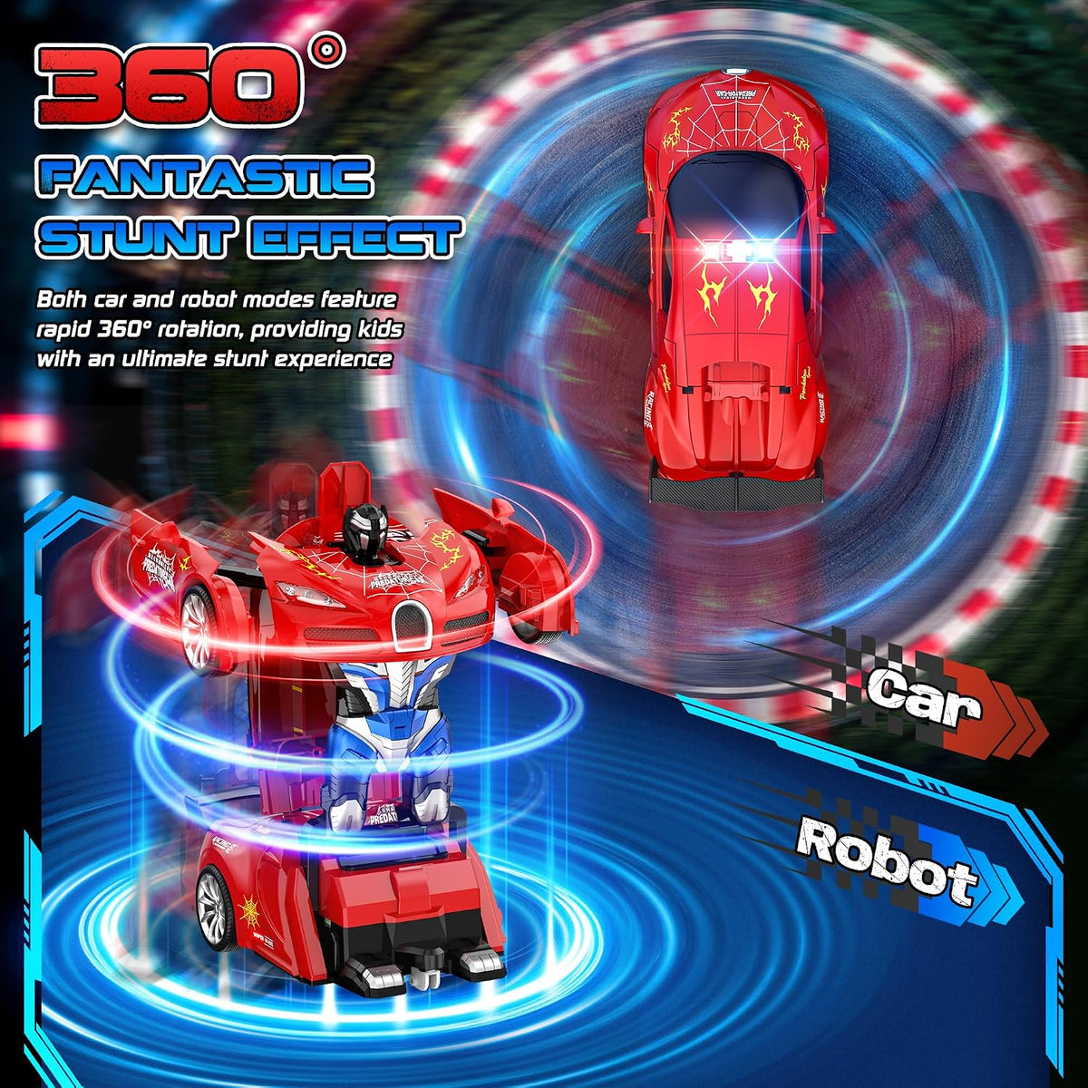 AONEPTR transforming remote control car robot toy in red with LED lights - view 8