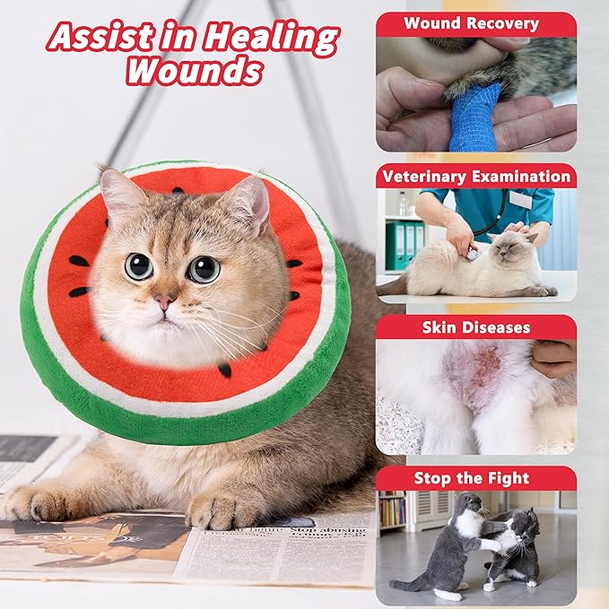 Soft Cat Cone Collar, Cute Cat Recovery Collar Suitable for Small, Medium, Large Cats,Elizabethan Neck Collar for Cats After Surgery (Watermelon, Small)