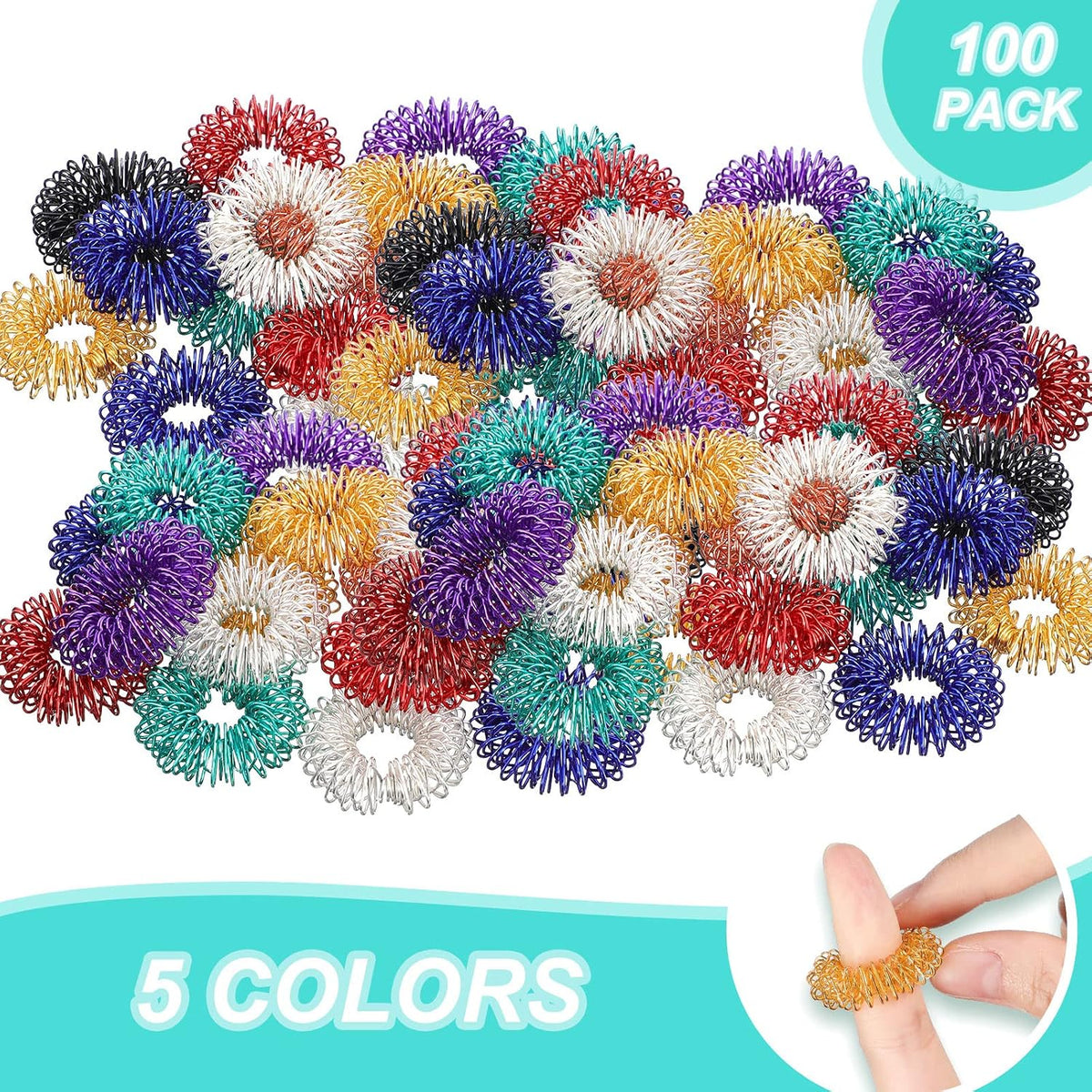 Tondiamo 100 Pack Spiky Sensory Acupressure Finger Rings - Bright Colors - image 2