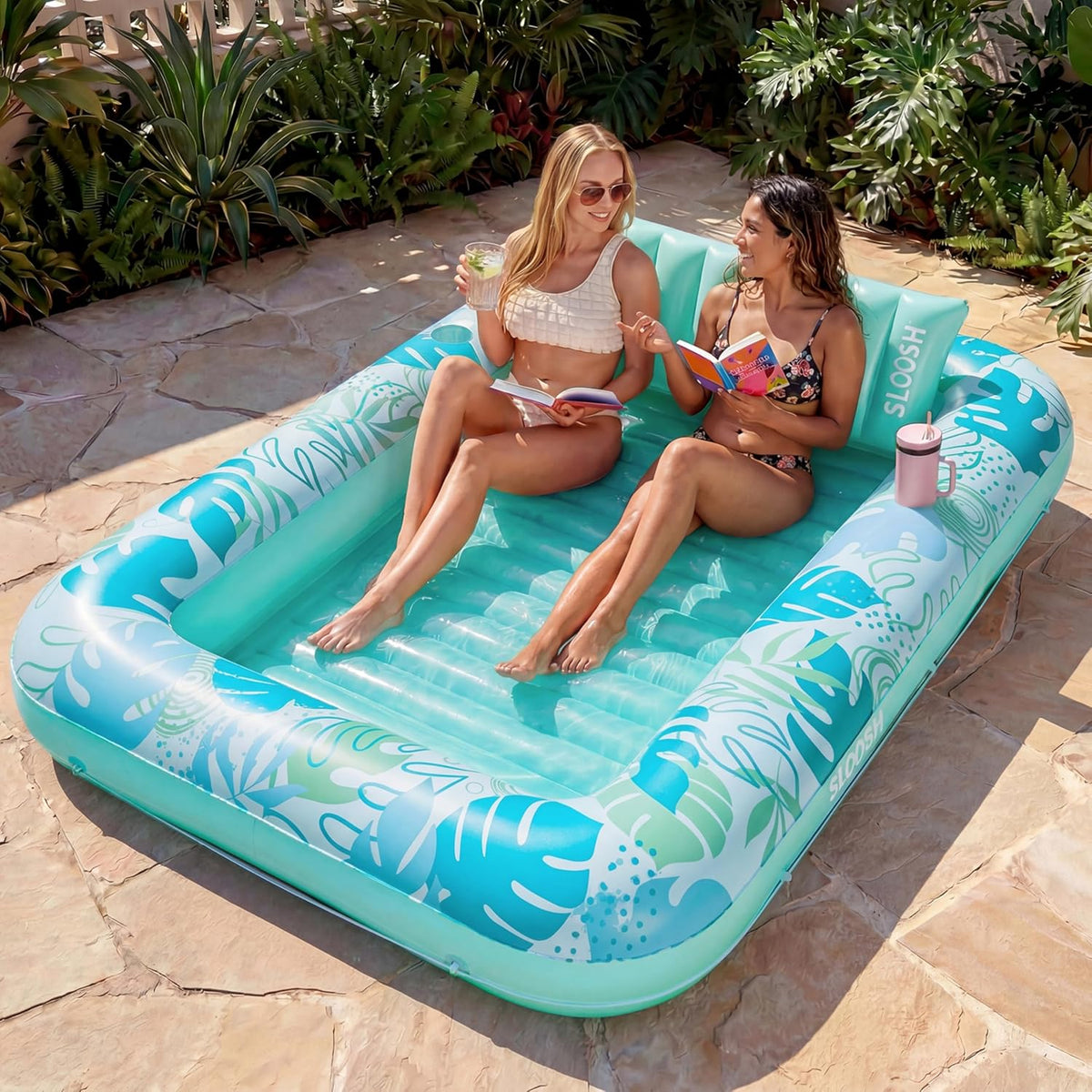 SLOOSH Inflatable Tanning Pool Lounger Float - Cyan White / X-Large