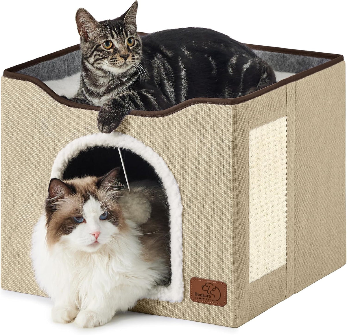 Bedsure Cat House Bed for Indoor Cats with Fluffy Ball and Scratch Pad - Brown / Single