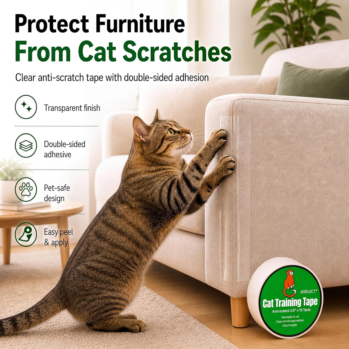 Anti-Scratch Tape for Furniture, Stop Cats from Scratching Couch - 2.5" x 16Y Cat Scratch Tape - image 2