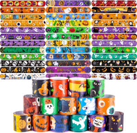 AMOR PRESENT 64 pack Halloween slap bracelets with jack-o-lantern, bat and spider designs