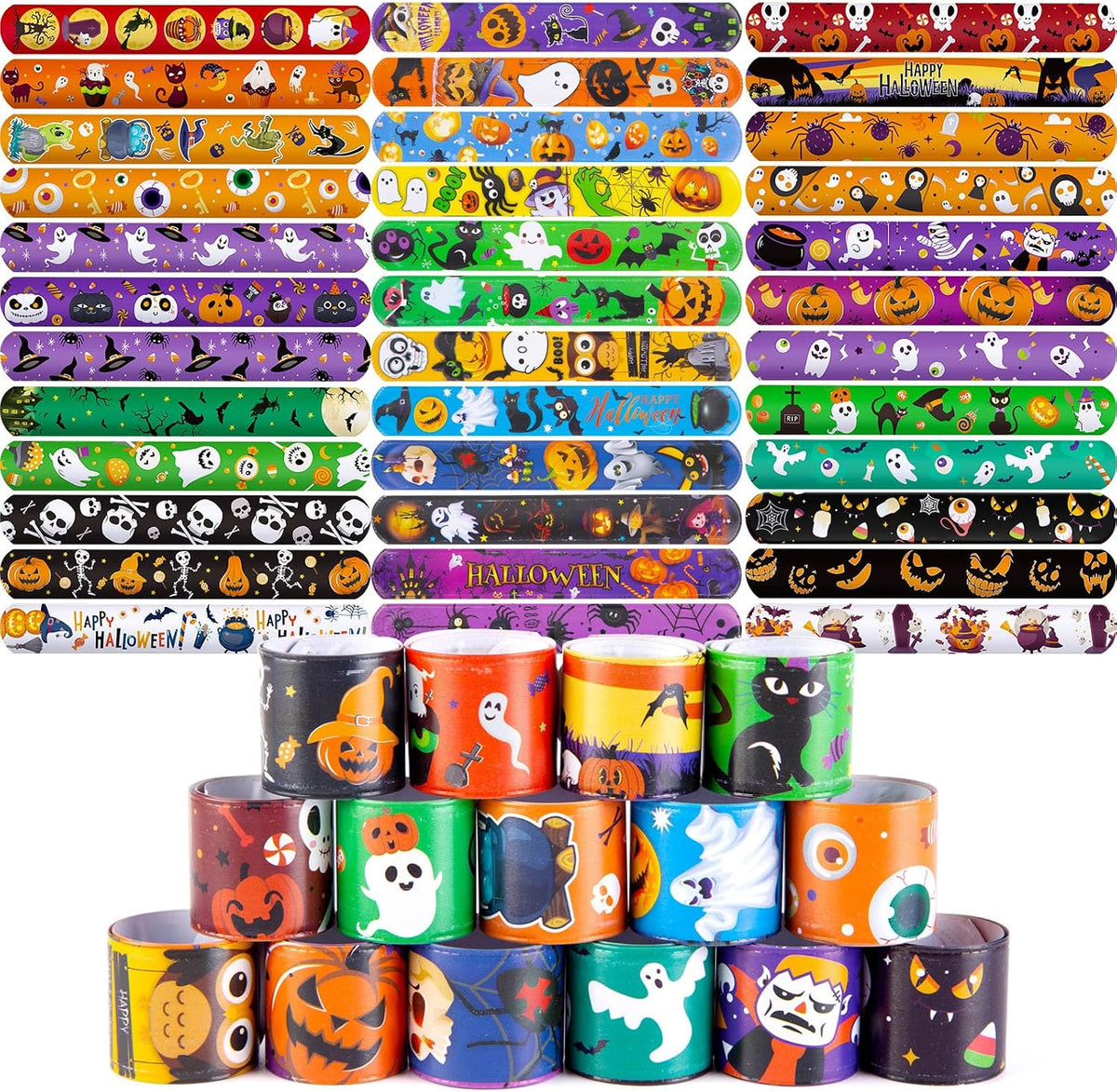 AMOR PRESENT 64 pack Halloween slap bracelets with jack-o-lantern, bat and spider designs