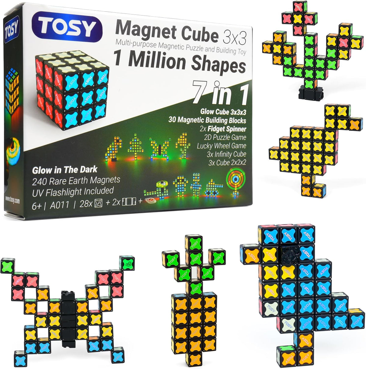 TOSY Magnet Cube 2x2, 8 Blocks, Glowing, UV Flashlight - Cube 3x3x3