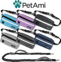 PetAmi Hands Free Dog Leash, Dog Running Leash Belt for Walking Jogging, Dog Waist Zipper Pouch Fanny Pack with Poop Bag Dispenser, Dual Padded Handle Bungee Leash for Small Medium Large Dogs, Single