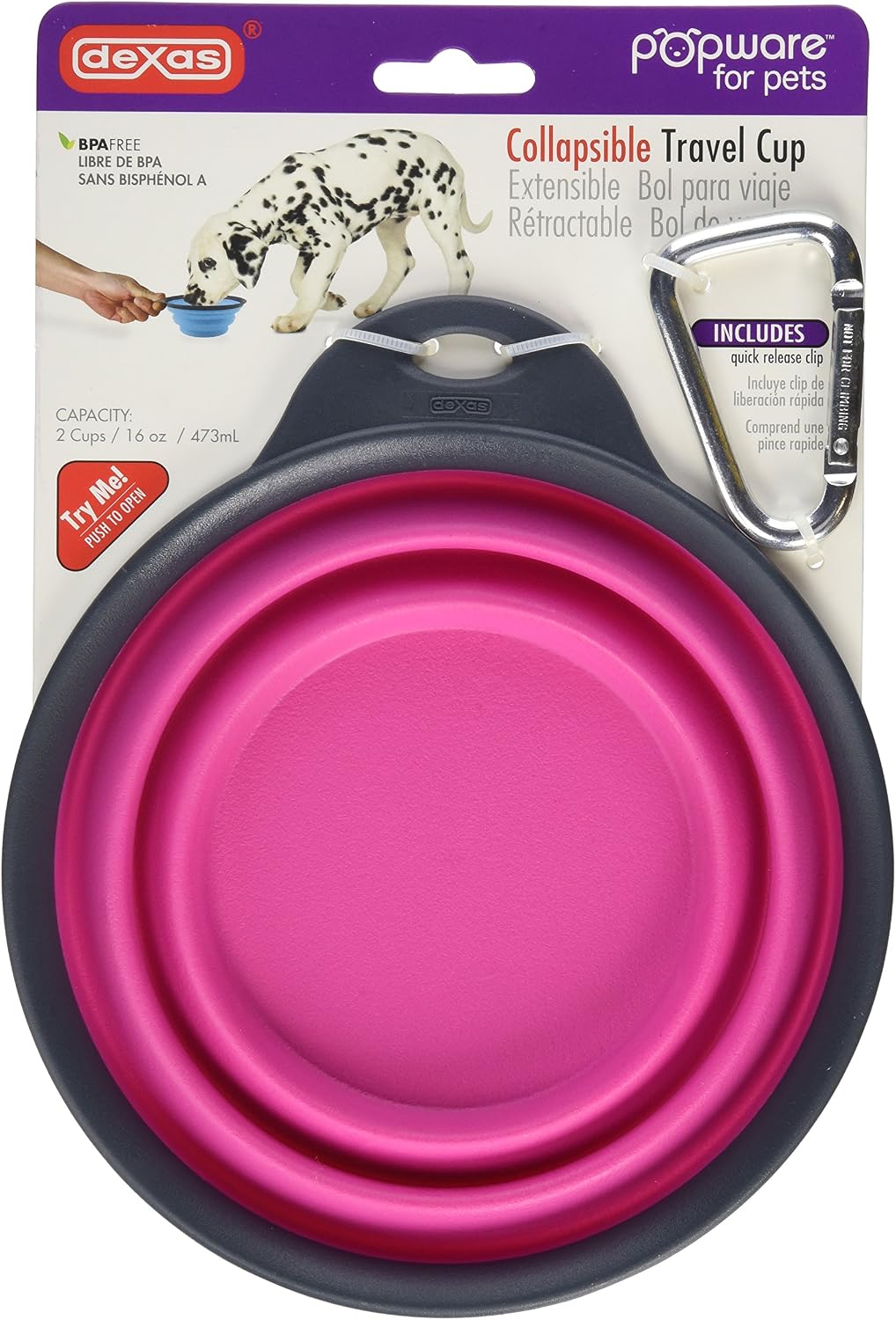 Dexas Pets Collapsible Travel Cup, Small/1 Cup Capacity - Large / Gray/Pink